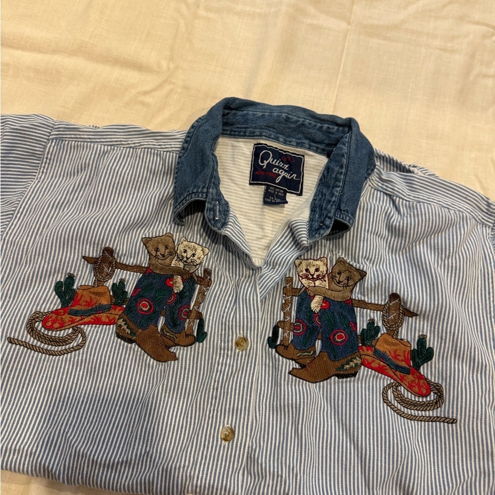 Vintage button up western cowboy cats embroidered shirt size large